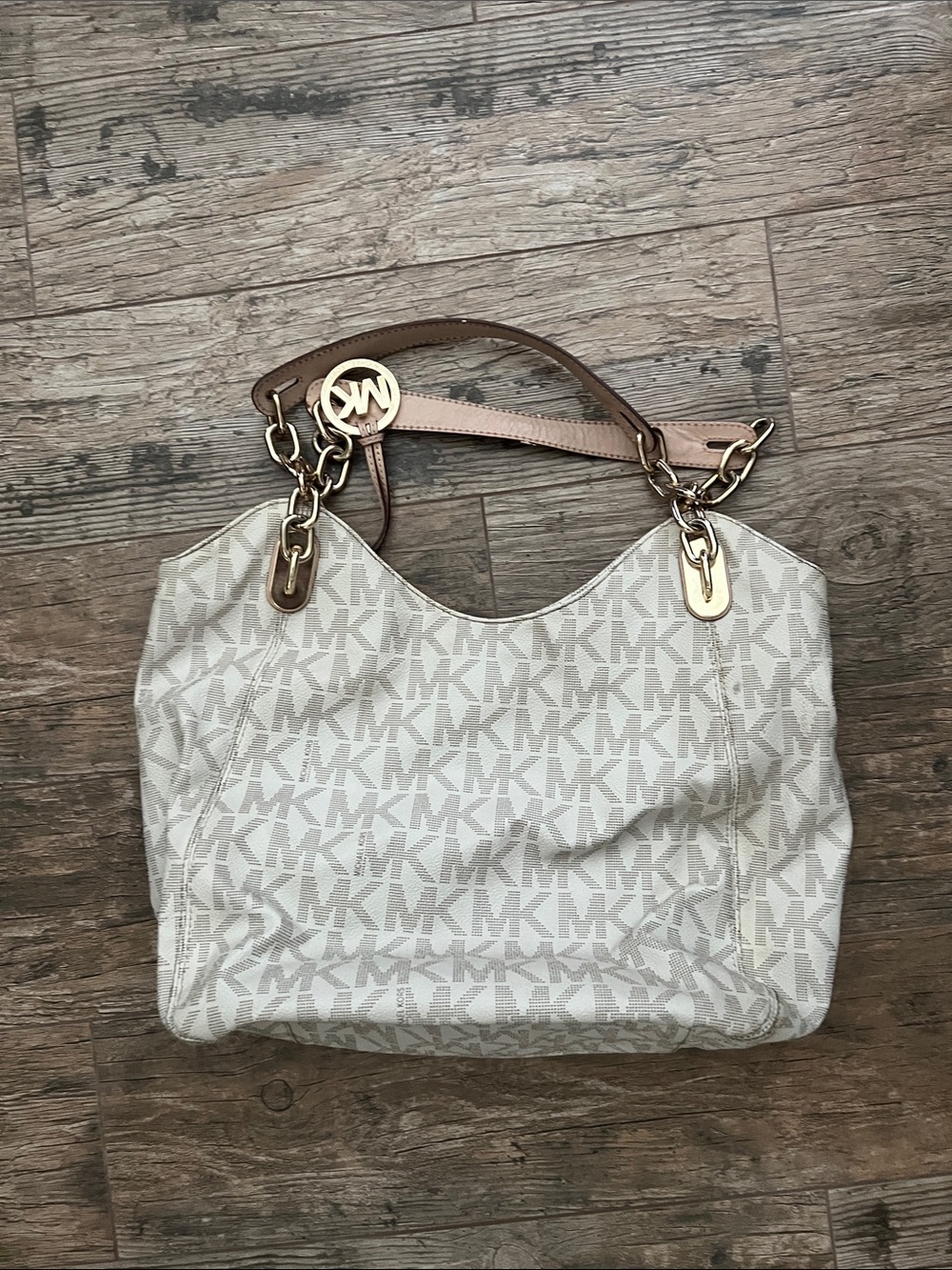 Michael Kors Cream Logo-Print Shoulder Bag with Gold Hardware